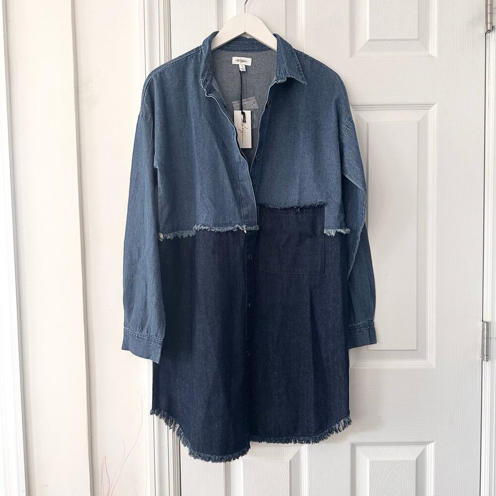 Daya by Zendaya Denim Patchwork Fringe Button Blue Jean Shirt Dress NWT Small